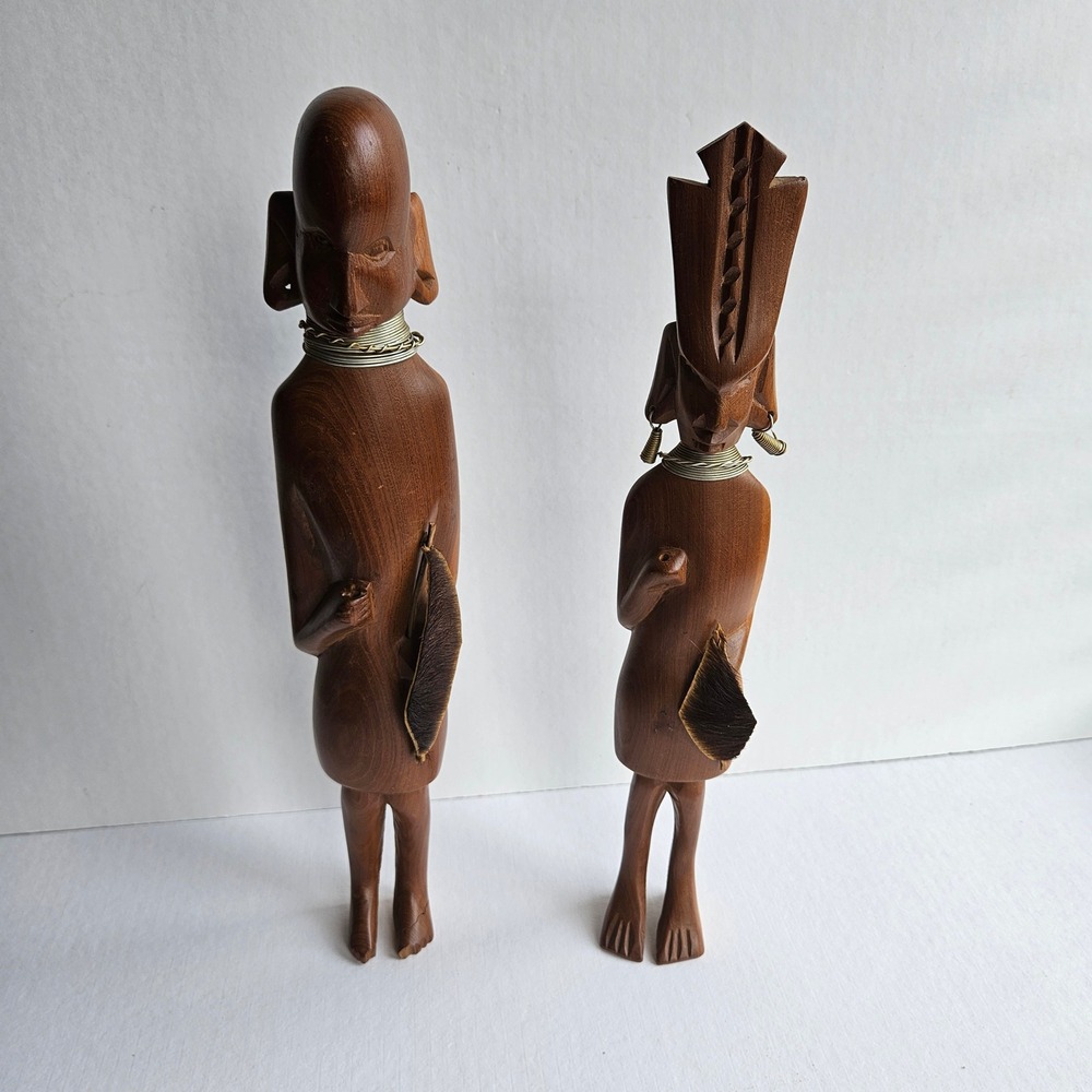 Vintage African Maasai Wood Carving Pair Tribal Figures Wire Neck Rings 14in